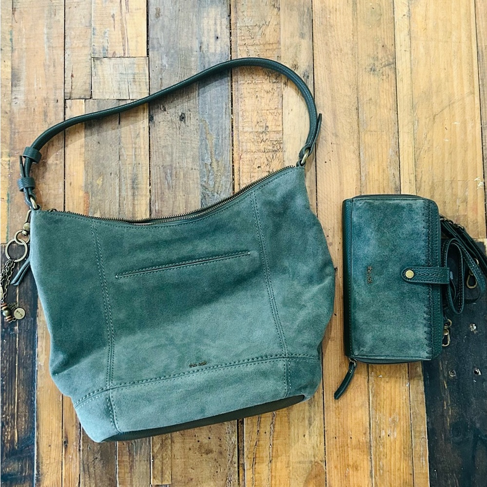 Suede Shoulder Bag and Wallet Set - Teal Green